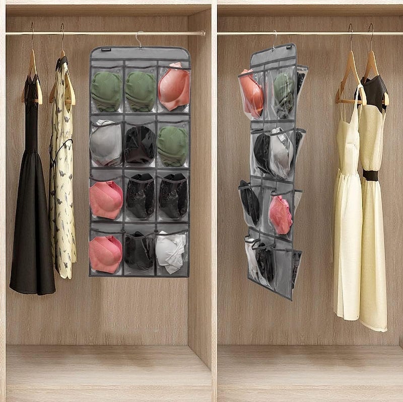 ANZORG Dual Sided Hanging Shoe Organizer for Closet with Rotating Hanger Hanging Shoe Rack Holder with 24 Large Pockets (GREY-Clear Pockets) - Image 3